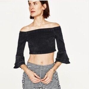 Zara Woman premium denim collection cropped bell sleeve top medium